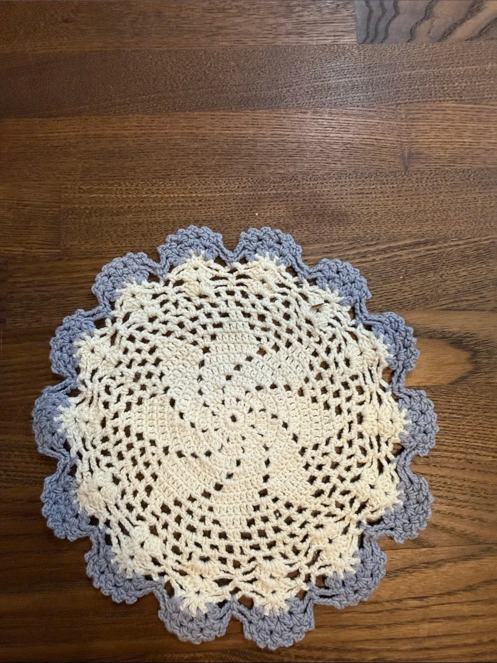 Source Unknown Crochet Doily in Cream with Lavender Edge